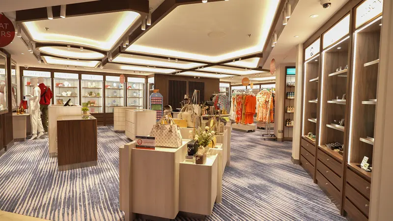 Shelves and counters inside a store.