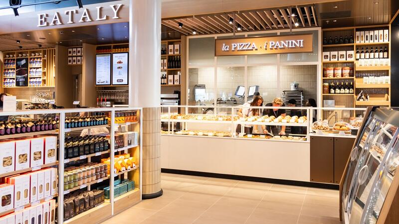 Shelves and counters inside a store.