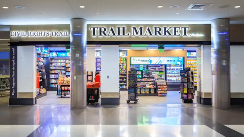A store at the airport with shelves 