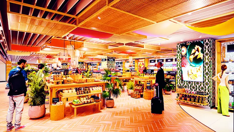 A woman with a basket walking through a duty free