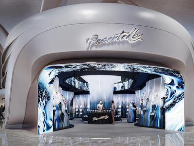 Presentedby store entrance with flowing sculptures and virtual digital simulations.