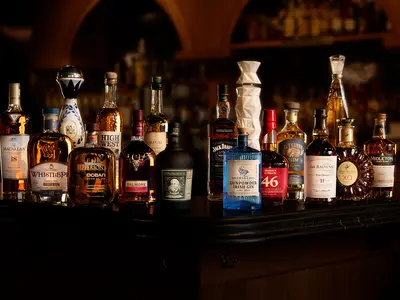 A display of different liquor bottles.