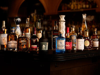 A display of different liquor bottles.