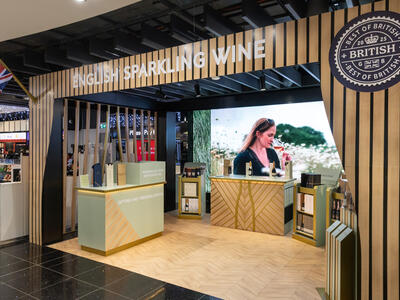 A shop with a counter and bottles of wines