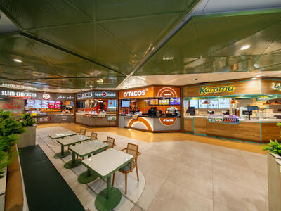 Panoramic view of Oasis Food Court at KSA Airport