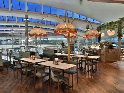Tables and lamps in a restaurant