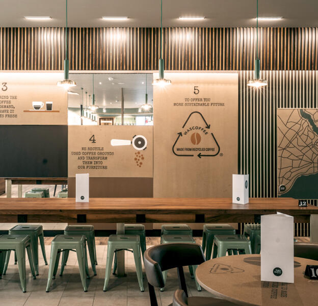 an office with images of sustainability
