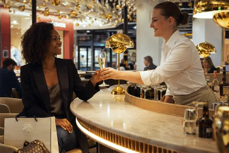 A barmaid serving a cocktail to a woman at the bar counter
